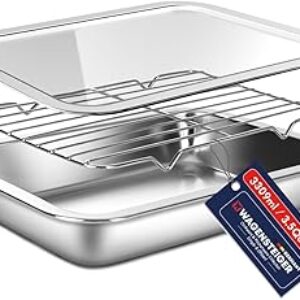 Stainless Steel Food Prep Container Set with Rack & Transparent Lid, Casserole, Bake Pan, Hotel Pan, For Deep Frying Prep/Marination/Oven Roasting/Buffet Party(No.2)