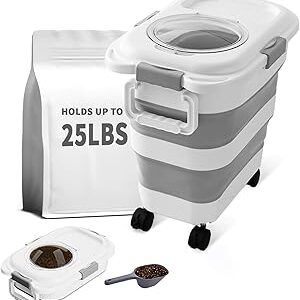 25 Lbs Dog Food Storage Container, Collapsible Dog Food Container with Scoop for Pet/Dog/Cat/Bird Food,Keep Dry Food Fresh,Easy to Move (White)