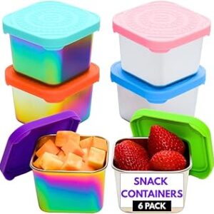 Colorful Snack Containers for Kids, Toddlers, and Babies, 6 Durable Stainless Steel Snack Cups with Lids for Lunchbox, School, Daycare, Car, and Travel – Leakproof, On-the-Go Food Storage Containers