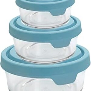 Anchor Hocking TrueSeal Round Glass Food Storage Containers with Airtight Lids, Mineral Blue, 6 Piece Set (3 Containers with Lids)
