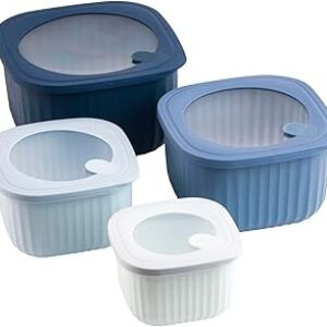 Core Kitchen Square Ribbed Navy Blue Ombre Small 24 Oz, Medium 45.6 Oz, Large 78 Oz, X-Large 115 Oz Food-Grade Safe BPA-Free Plastic Food Storage Container, Organization, 4 Bowl & Lid Sets, 44278