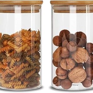 Glass Storage Jars Set of 2 (48oz/1400ml) with Wooden Lid, Glass Sourdough Starter Jar, Stackable Kitchen Canisters, Pefect for Coffee Bean Cookie, Sugar, Flour, Pasta, Sourdough, Nuts