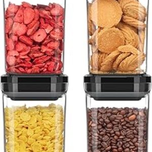 MR.SIGA 4 Pack Airtight Food Storage Container Set, BPA Free Kitchen Pantry Organization Canisters, One-handed Airtight Cereal Snack Candy Storage Containers, 1 L / 34oz, Medium, Black