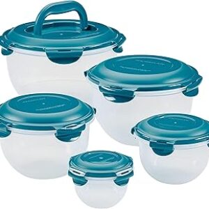 Rachael Ray Leak-Proof Nestable Container Food Storage Bin Set, 10-Piece, Clear with Teal Lids