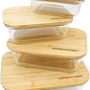 Glass Containers with Lids | Non Plastic Glassware Set – Natural Raw Organic Wooden Bamboo Lids | Set of 4 | Reusable, BPA Free | Perfect for Meal Prep, Lunch, Leftovers, Kitchen