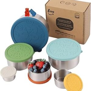 12 Pcs – 6 Stainless Steel Containers + 6 Silicone Lids | 304 Stainless Steel Snack Container | Nesting Snack and Dip Containers | Metal Food Storage