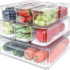 Pomeat 10 Pack Fridge Organizer, Stackable Refrigerator Bins with Lids, BPA-Free Produce Fruit Storage Containers for Fridge, Clear for Food, Drinks, Vegetable