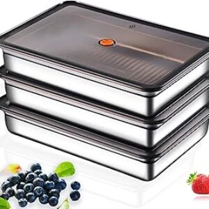 Stainless Steel Food Storage Containers, Silver, Airtight with Vacuum Seal, Stackable Rectangular, 3-Piece Set, BPA-Free Lids, for Meal Prep and Leftovers Storage