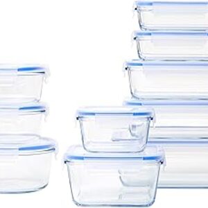 Amazon Basics Leak-Proof Glass Locking Lids Food Storage Containers, 20-Piece Set, includes 10 Bases and 10 Plastic Lids, Clear, Blue, BPA free