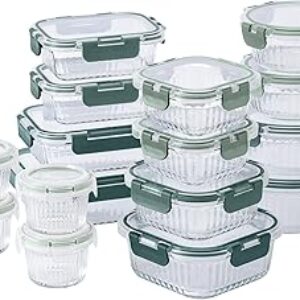 COOK WITH COLOR Premium 32-Pc. Borosilicate Glass Food Container Set with Dividers – 4 Rectangles, 8 Rounds, 4 Squares – Leakproof Lids – Meal Prep, Storage, Fluted Ombre Green