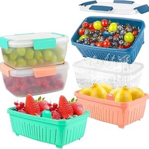 68oz Berry Keeper Fruit Storage Container for Fridge, Fresh Food Produce Saver Containers with Removable Drain Colanders, Vegetable Lettuce Keeper Bowl, Refrigerator Organizer, PRESS TO OPEN CLOSE LID