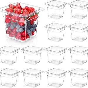12 Pack 6” Deep NSF Food Pans 1/6 Size | Commercial Food Storage Containers | Polycarbonate Plastic Pans for Restaurant | Polycarbonate Clear