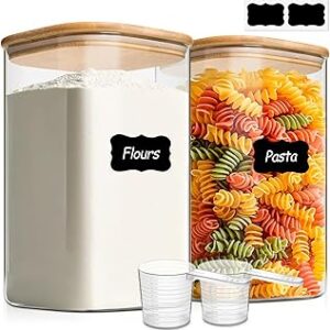 ComSaf 115 oz Glass Food Storage Containers Set of 2, Large Storage Containers with Lids, Square Glass Jars with Lids, for Flour and Sugar, Cereal, Rice, Pasta, Oats, Coffee Beans