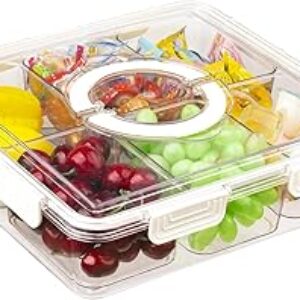 Divided Serving Tray with Lid & Handle, 6 Compartment Removable Snack Box, Kitchen Organizers and Storage, Snackle Box Container, BPA-Free Fruit Storage Container for Berry, Snack, Candy, Nuts…