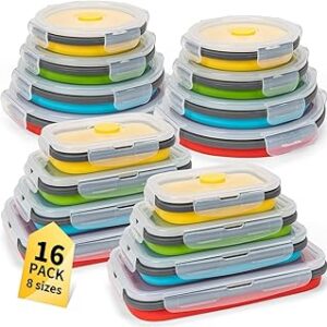 Collapsible Food Storage Containers with Lid & Air Vent, 16 Pack, 8 Rectangular + 8 Round, Annaklin Foldable Silicone Lunch Containers Collapsible Bowls Set, Microwave Freezer Dishwasher Safe, 4-Color