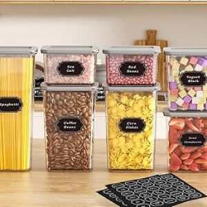 Airtight Food Storage Containers With Lids 7pcs Organization Canisters Kitchen Bpa Free Plastic Pantry Containers Storage Set for Pasta, Cereal, Dry Food, Flour and Sugar-60 Labels