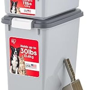 IRIS USA Dog Food Storage Container, 30 lbs & 11 lbs Combo, Cat Food Storage Container, Dog Treat Container, Airtight, Stackable, 2-Cup Scoop, Wheels, Easy Mobility, Gray