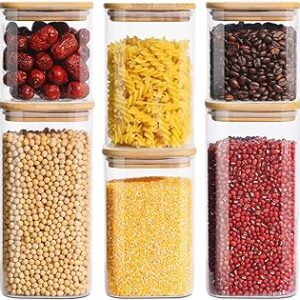 Glass Food Storage Jars with Lids(24oz/37oz/50oz)Square Set of 6 ,Glass Storage Containers Clear Glass Food Canister with Bamboo Lid Airtight For Serving Tea, Coffee Beans, Candy,Spice and More