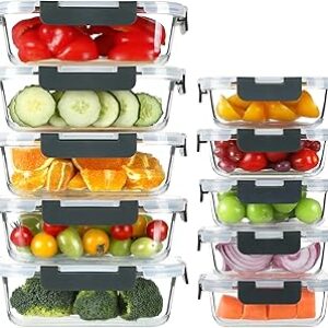 BAYZZ 10 Pack Glass Meal Prep Containers, Glass Food Storage Containers with Lids, Airtight Lunch Box, Freezer,Oven,Microwave and Dishwasher Safe