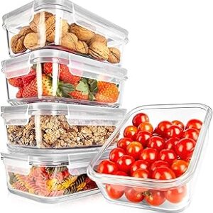 NutriChef 10-Piece Superior Glass Food Storage Containers Set (5 Containers + 5 Locking Lids),Stackable Meal-prep Design, BPA-free Airtight Clear Locking lids with Vent Lids & Air Hole, Gray