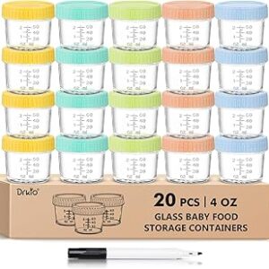DRKIO 20 Pack Glass Baby Food Storage Containers 4 Oz Baby Food Jars with Lids Baby Food Maker Microwave Dishwasher Freezer Safe 100% Leak-Proof BPA Free