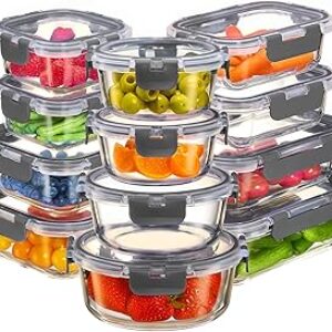 FineDine 24 Piece Glass Storage Containers with Lids – Leak Proof, Dishwasher Safe Glass Food Storage Containers for Meal Prep or Leftovers, Gray