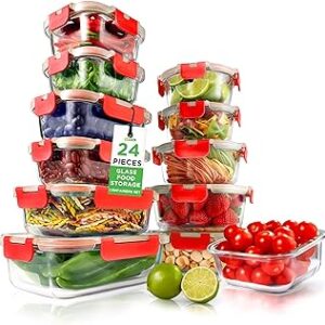 NutriChef 24pcs Glass Food Storage Containers, (12 Stackable Heavy Duty Meal Prep Containers w/ 12 Airtight Lids), Microwave, Freezer, & Dishwasher Safe for Food, Snacks, Fruit & More, (Red)