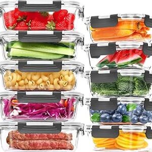 Skroam 10-Pack Glass Meal Prep Containers, Food Storage Containers with Snap Locking Lids, Airtight Bento Boxes for Microwave, Oven, Freezer and Dishwasher
