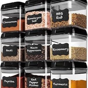 Shazo 9 PC Airtight Food Storage Containers – BPA Free Clear Plastic Snack & Spice Containers with Easy Lock Lids – Kitchen and Pantry Organization for Herbs, Coffee, Tea – 0.5L / 2.1 Cups