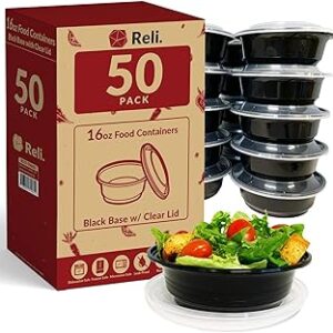 Reli. Meal Prep Bowls w/Lids – 50 Pack (16 oz) | Disposable Bowls with Lids | Microwave/Freezer Safe