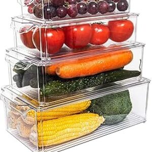 Taiuloo Set of 4 Fridge Organizer, Stackable Refrigerator Organizer Bins with Lids, Kitchen Pantry Cabinet Organization, BPA-Free Clear Food Storage Containers for Fruit, Vegetable, Cereal, Produce