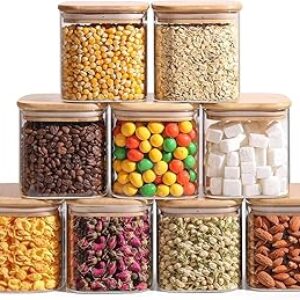 ComSaf 0.7 Qt Glass Food Storage Jars Set of 9, Clear Glass Storage Containers with Lids, Pantry Organization Jar, Spice, Blooming Tea, Oat, Coffee and Sugar Container, Small Canister Set for Kitchen