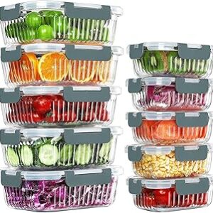 10 Packs Glass Meal Prep Containers with Lids, Glass Food Storage Containers Set, Airtight Lunch Containers, Microwave, Oven, Freezer and Dishwasher Safe, Gray