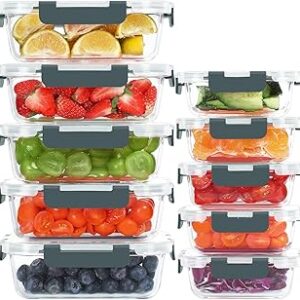 10 Pack Glass Food Storage Containers, Meal Prep Containers with Lids, Airtight Glass Lunch Boxes, Freezer, Oven, and Microwave Safe