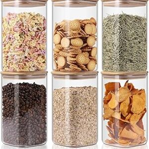 Glass Storage Jars 6 Pack -50oz (10cmx20cm)Clear Glass Food Storage Containers with Airtight Bamboo Lid Stackable Kitchen Canisters for Candy,Cookie,Rice,Sugar,Flour,Pasta,Nuts and Spice Jars(Square)