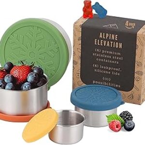 8 Pcs – 4 Stainless Steel Containers + 4 Silicone Lids | 304 Stainless Steel Snack Container | Nesting Snack and Dip Containers | Metal Food Storage