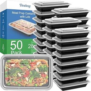 50 Pack (100-Piece) 28 oz Meal Prep Containers Reusable with Lids, Sturdy Leakproof & Food Safe, Microwave, Freezer, Dishwasher Safe Prep Containers, To Go Take Out Plastic Food Storage