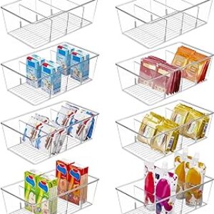 Vtopmart 8 Pack Food Storage Organizer Bins, Clear Plastic Bins for Pantry, Kitchen, Fridge, Cabinet Organization and Storage, 4 Compartment Holder for Packets, Snacks, Pouches, Spice Packets
