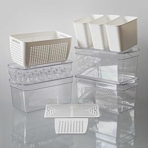 Clear Stackable Storage Containers with Lids BPA-Free Organizer Bins for Refrigerator Pantry Fridge Drawer with Colander and Dividers for Kitchen Food Preservation and Home Organization BPA Free