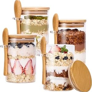 Set of 4 Airtight Glass Jars with Bamboo Lids and Spoons, 22 OZ Overnight Oats Containers with Lids,Glass Food Storage Jars Perfect for Coffee, Tea, Sugar, Spices, Beans, and More