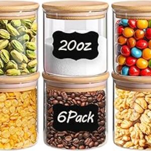 ComSaf Airtight Glass Food Storage Jars Set of 6, 20oz Clear Glass Food Storage Container with Sealing Wooden Lid, Stackable Spice Jar, Round Kitchen Canister for Sugar, Tea, Coffee bean, Pasta, Oat