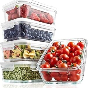 NutriChef 10-Piece Superior Glass Food Storage Containers Set (5 Containers + 5 Locking Lids),Stackable Meal-prep Design, BPA-free Airtight Clear Locking lids with Vent Lids & Air Hole, NCCLX5
